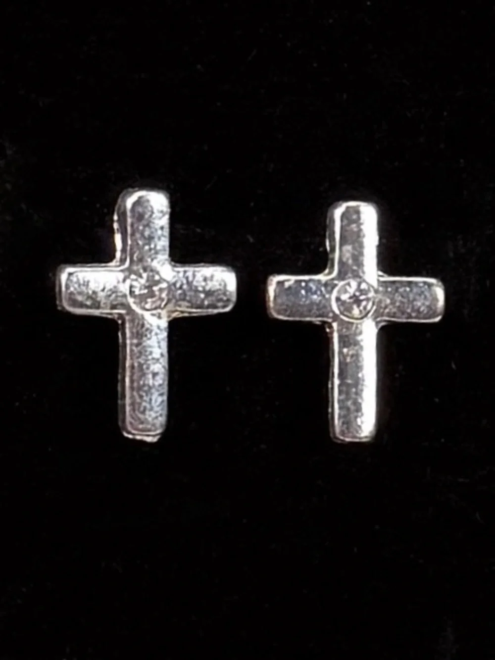 Silvertone Cross Post Pierced Earrings with Crystal Accent